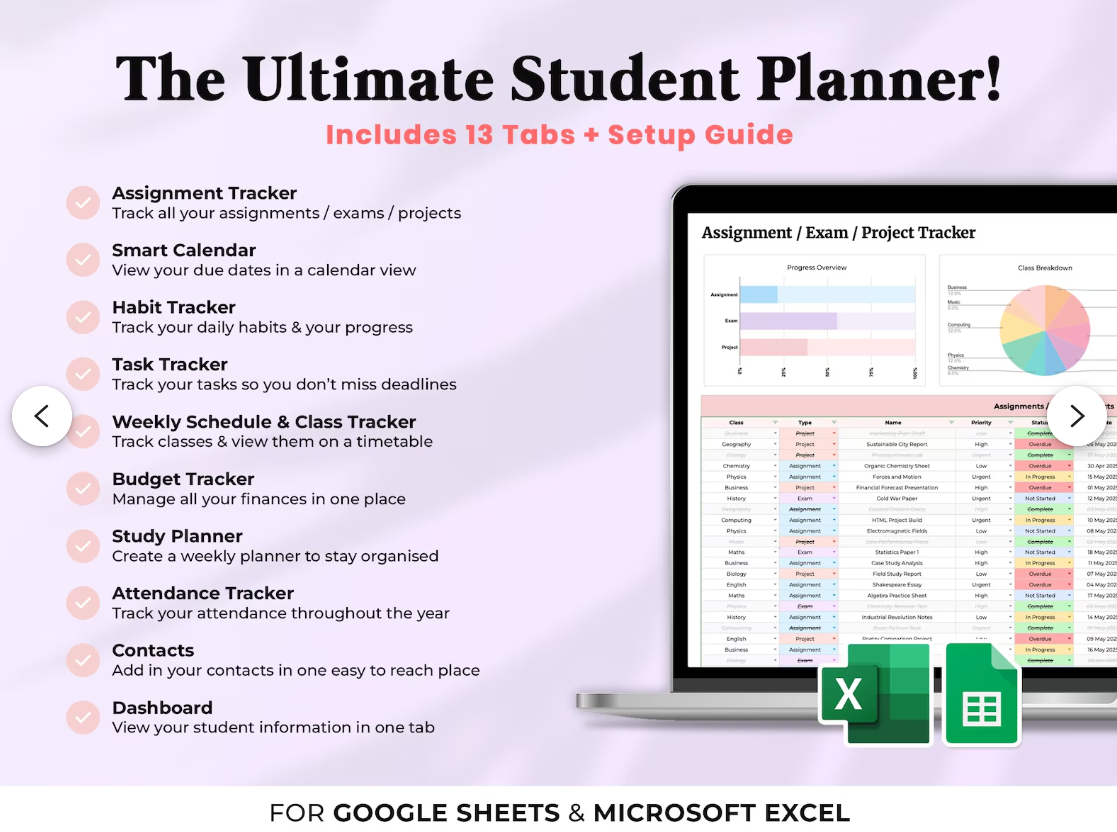 Studentenplaner für Excel und Google Sheets
